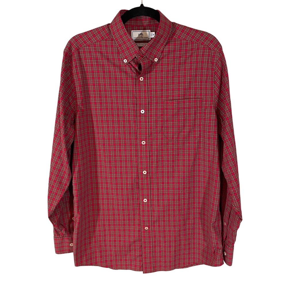 Southern Tide Intercoastal Mens Red Plaid Performance Button Down Shirt Medium